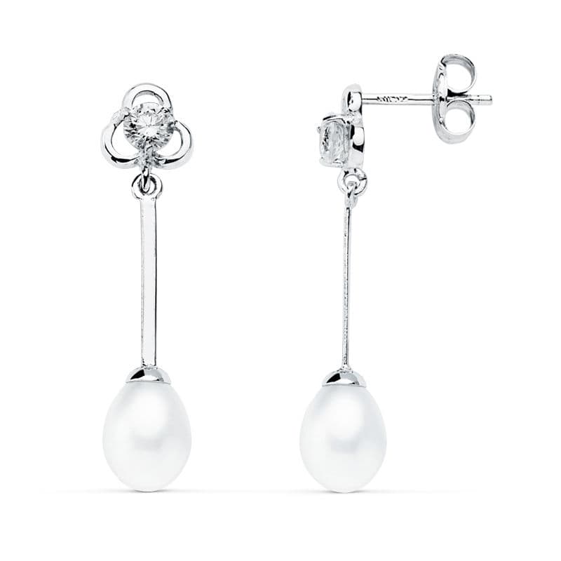 Pendientes Largos Perla 27 x 6 mm de oro blanco 18K