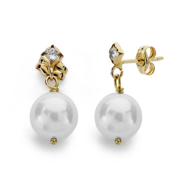 Pendientes Largos Perla Circonita 17 x 8 mm de oro amarillo 18K