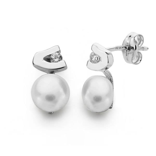 Pendientes Perla Circonita 11 x 6 mm de oro blanco 18K