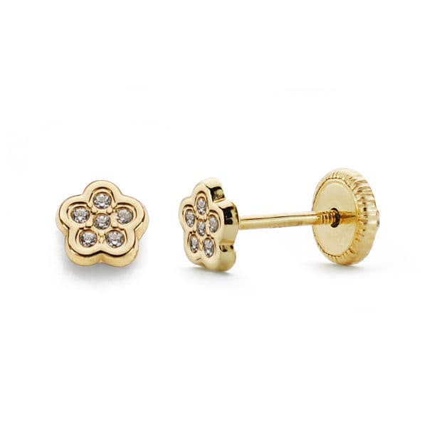 18K PENDIENTES ORO AMARILLO FLOR CIRCONITA TUERCA 4.5 MM CIERRE TUERCA