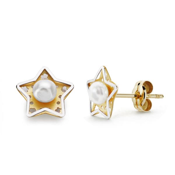 Pendientes Estrella y Perla 8 x 8 mm de oro amarillo 18K
