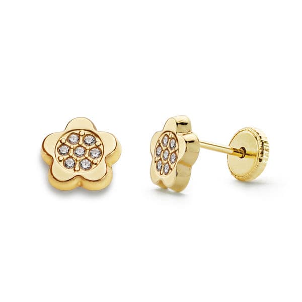 Pendientes Flor Circonita 6 x 6 mm Cierre Tuerca de oro amarillo 18K