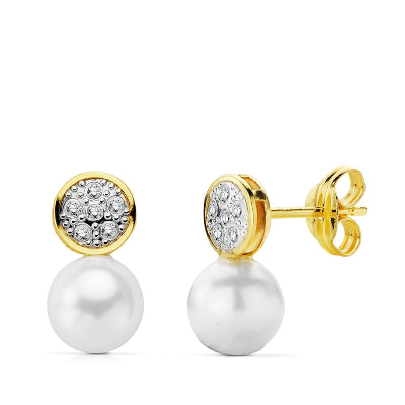 18K PENDIENTES COMUNION CIRCONITA PERLA ORO BICOLOR 12X6 MM CIERRE PRESION