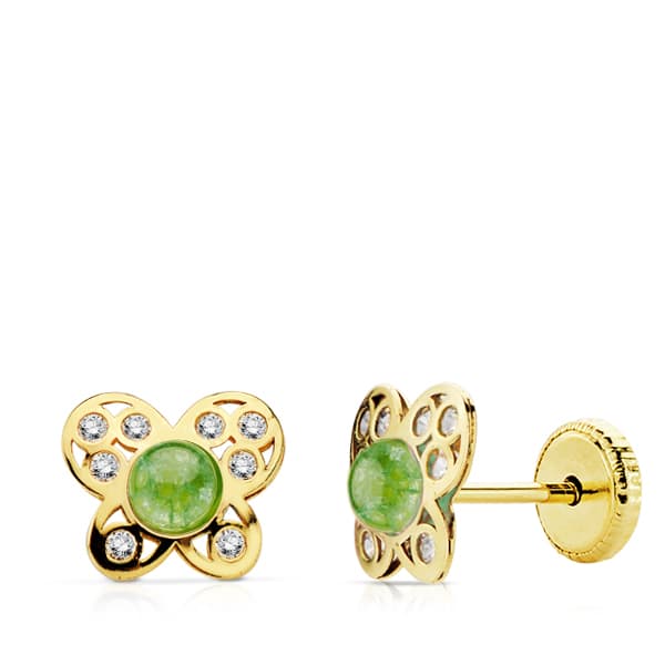 Pendientes Mariposa Piedra Verde y Circonita Cierre Tuerca de oro amarillo 18K