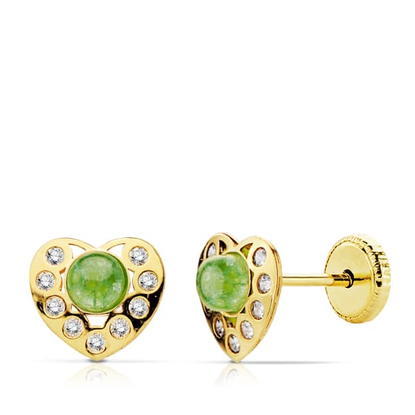 Pendientes Corazon Piedra Verde y Circonita Tuerca de oro amarillo 18K
