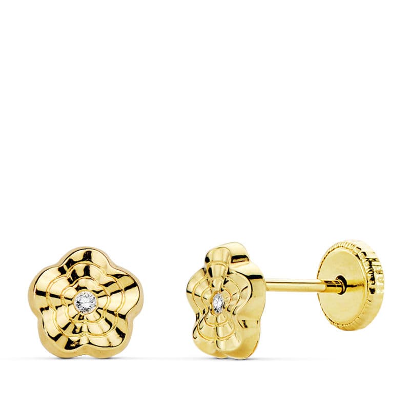 18K PENDIENTES ORO AMARILLO FLOR ONDAS 6X6 MM CIERRE TUERCA