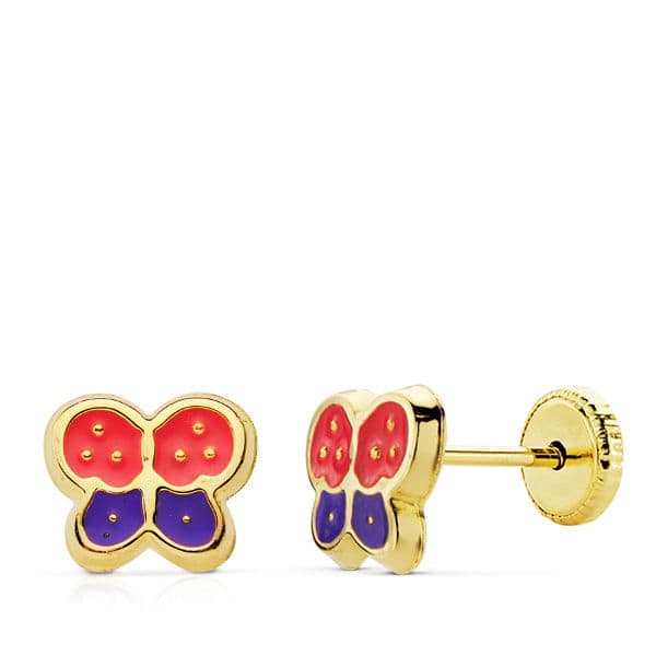 Pendientes Mariposas Esmalte Rosa y Malva Cierre Tuerca 18K