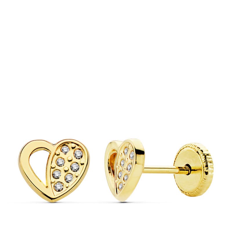 18K PENDIENTES ORO AMARILLO CORAZON CIRCONITA 7X6 MM CIERRE TUERCA