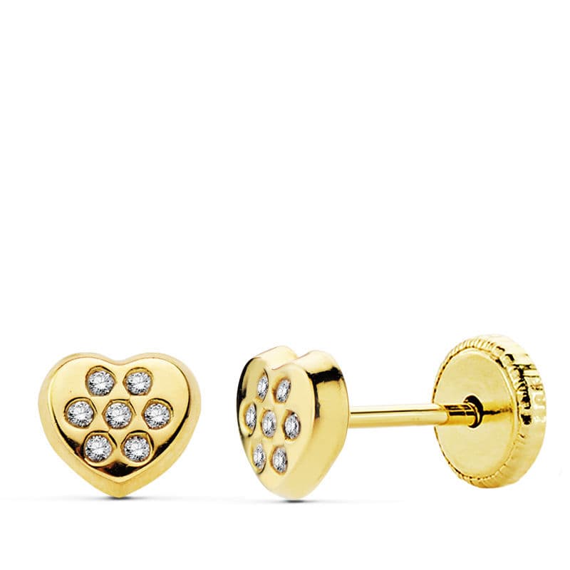 18K PENDIENTES ORO AMARILLO CORAZON CIRCONITA 5X5.5 MM CIERRE TUERCA