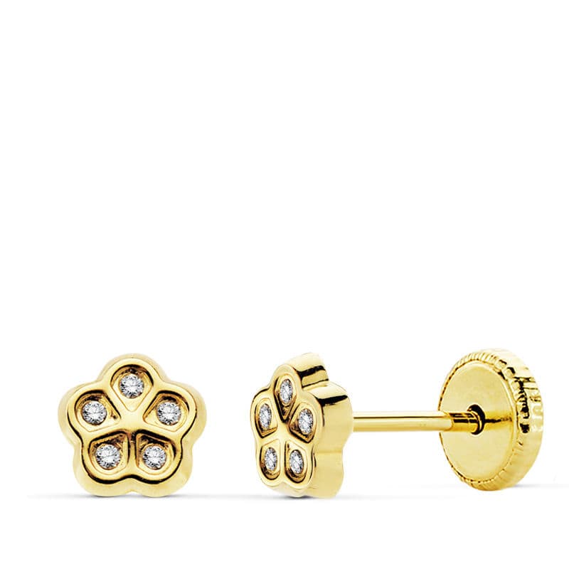 Pendientes Flor Circonita 5,5 mm Cierre Tuerca de oro amarillo 18K