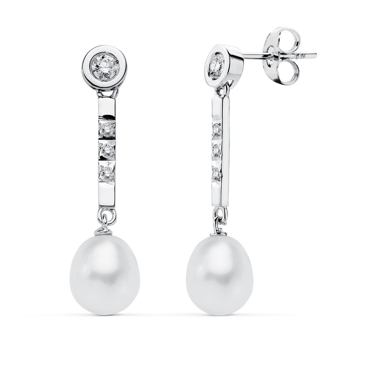 Pendientes Perla Circonita presión de oro blanco 18K