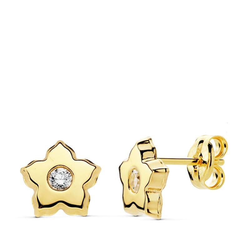 18K PENDIENTES ORO AMARILLO FLOR CIRCONITA 7 MM CIERRE PRESION