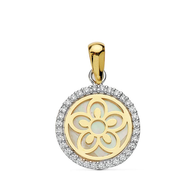 Colgante Amuleto Bicolor Flor Nacar 12 mm 18K