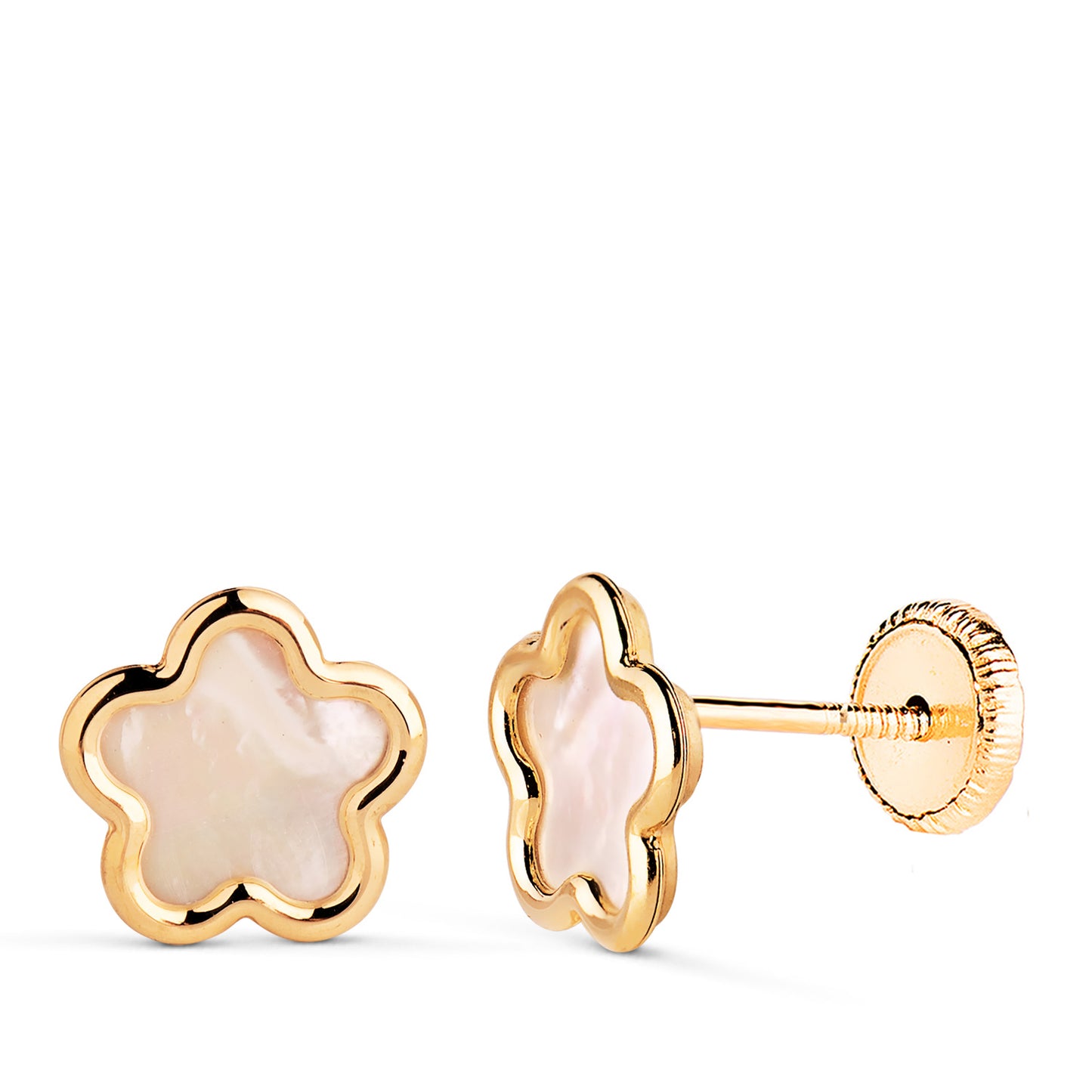 18K PENDIENTES ORO AMARILLO FLOR CON NACAR. MEDIDA: 8 X 8 MM. CIERRE TUERCA