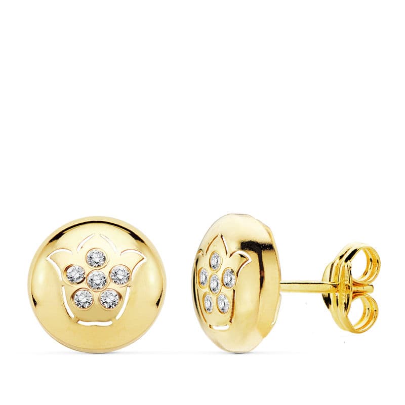 18K PENDIENTES ORO AMARILLO FLOR CALADA CIRCONITA 8.5 MM CIERRE PRESION