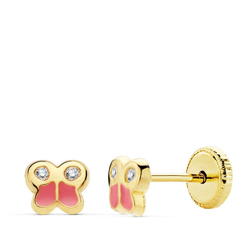 18K PENDIENTES ORO AMARILLO MARIPOSA ESMALTE 5X4.5 MM. CIERRE TUERCA