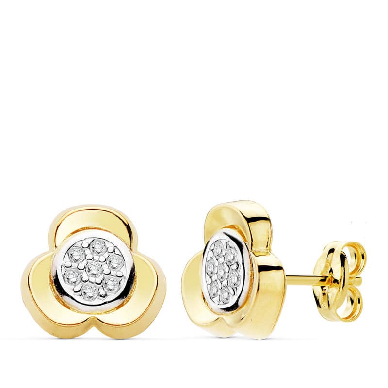 18K PENDIENTES ORO BICOLOR TREBOL CIRCONITA 10M CIERRE PRESION