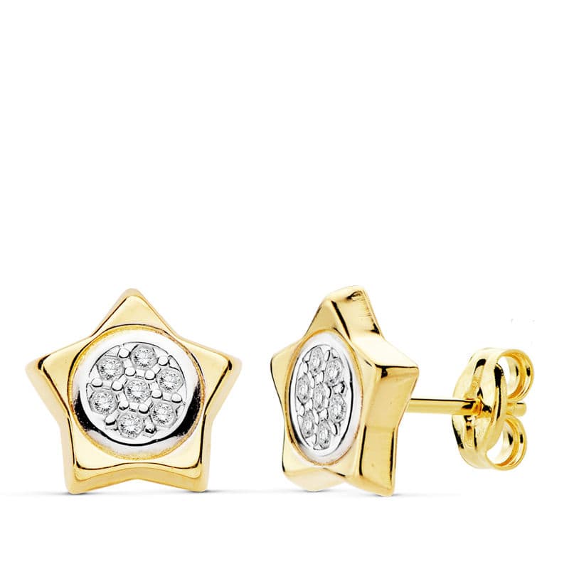 Pendientes Bicolor Estrella 9 x 9 mm 18K