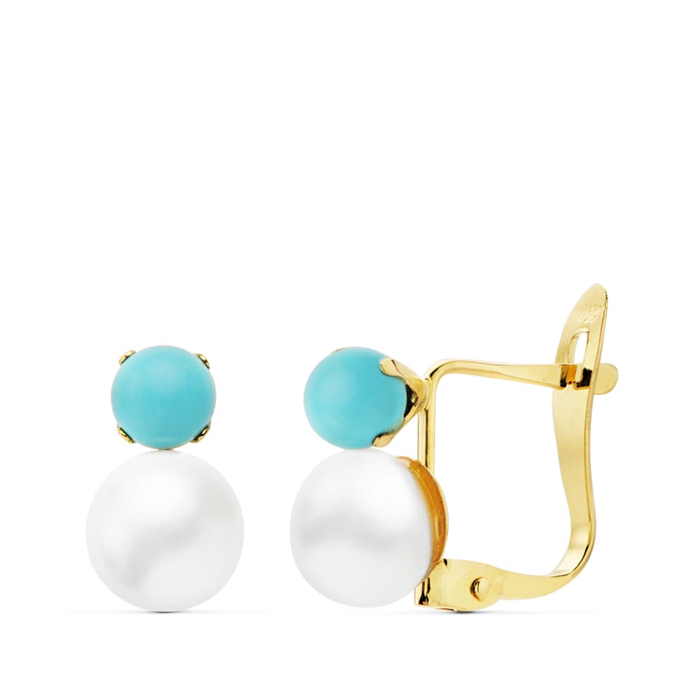 Pendientes Turquesa 3 mm Perla 6 mm de oro amarillo 18K