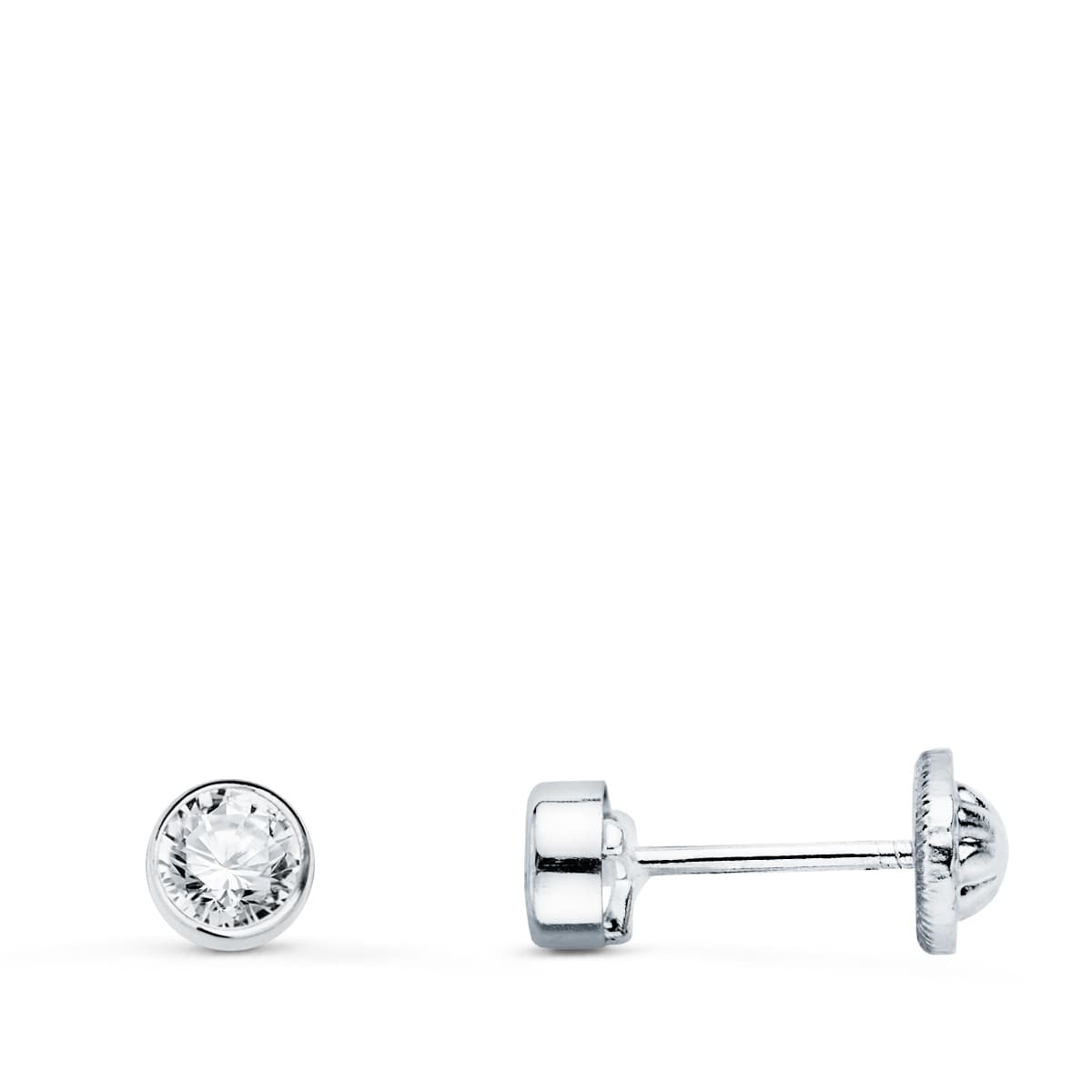 18K PENDIENTES ORO BLANCO CHATON REDONDOS CON CIRCONITA 3 MM CIERRE TUERCA