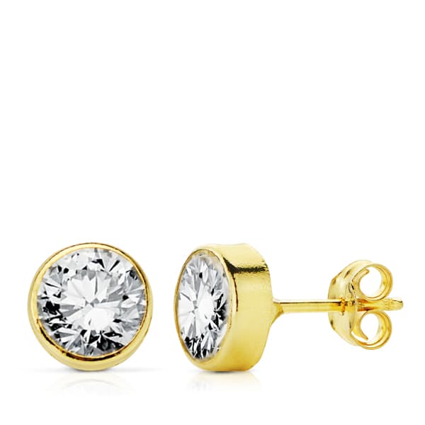 18K PENDIENTES ORO AMARILLO CHATON CIRCONITA REDONDOS 5 MM CIERRE PRESION