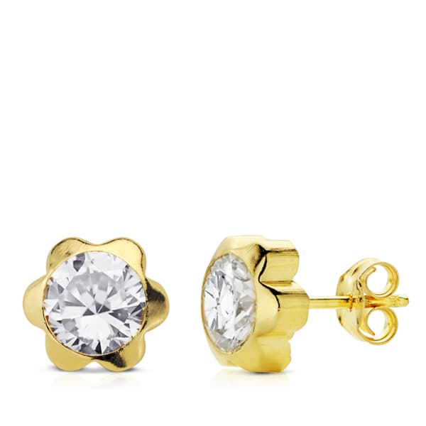 18K PENDIENTES ORO AMARILLO CHATON MARGARITA CIRCONITA 7 MM CIERRE TUERCA