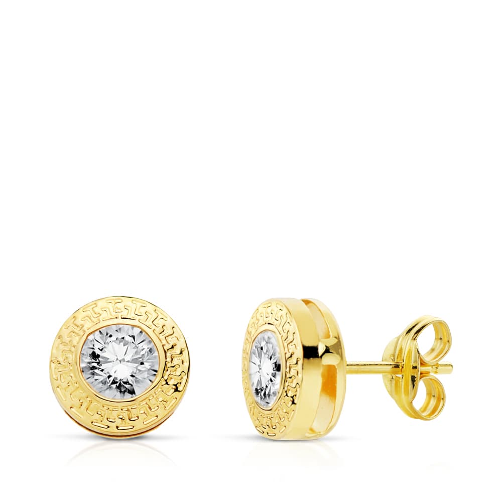 18K PENDIENTES ORO AMARILLO CHATON REDONDOS 7 MM CON GRECA Y CIRCONITA CIERRE PRESION