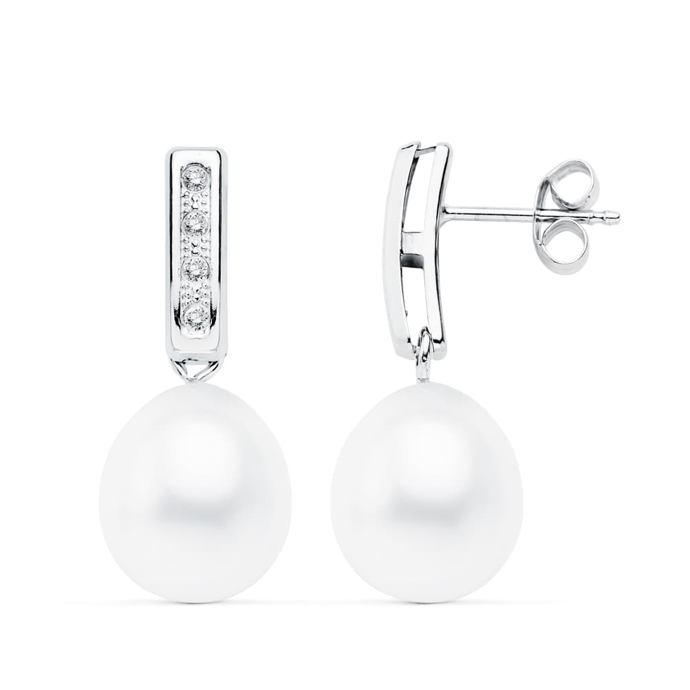 18K PENDIENTES ORO BLANCO PERLA 24X9 MM CIERRE PRESION
