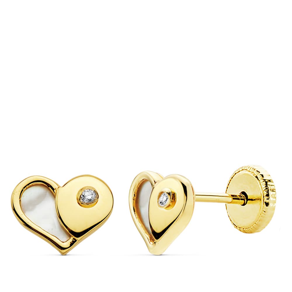18K PENDIENTES ORO AMARILLO CORAZON NACAR 7X5.5 MM CIERRE TUERCA