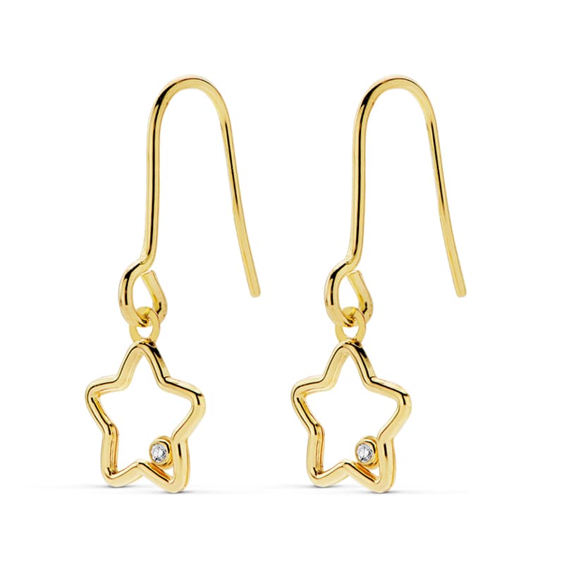 18K PENDIENTES ORO AMARILLO ESTRELLA CIRCONITA 22X8 MM CIERRE GANCHO