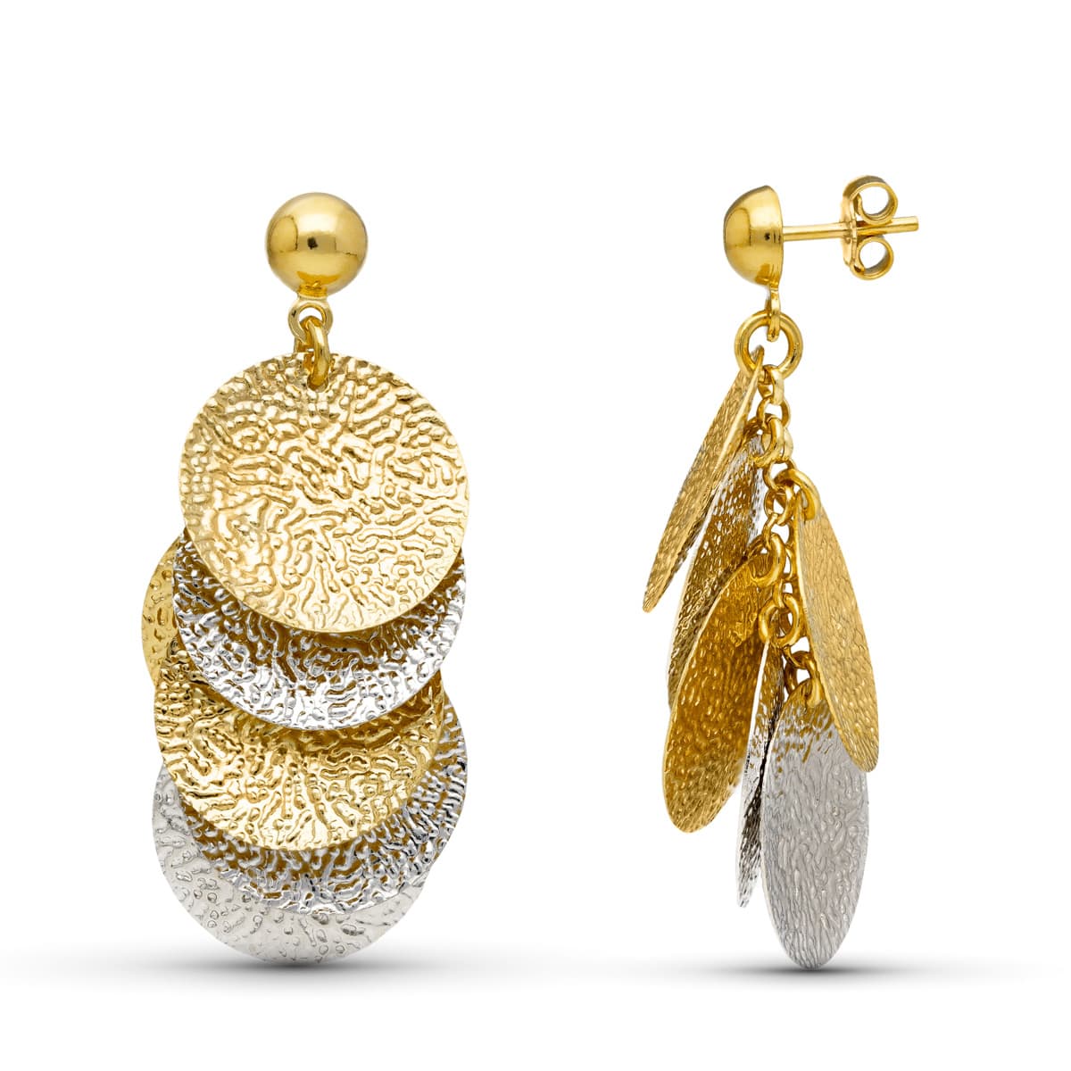 Pendientes Bicolor Circulos Labrados 18K