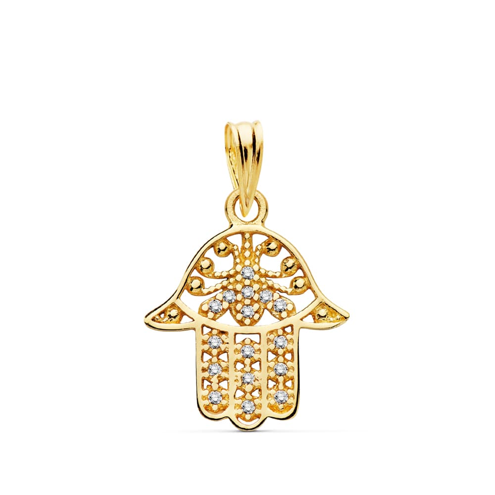 18K COLGANTE AMULETO ORO AMARILLO MANO DE FATIMA 15X14 MM