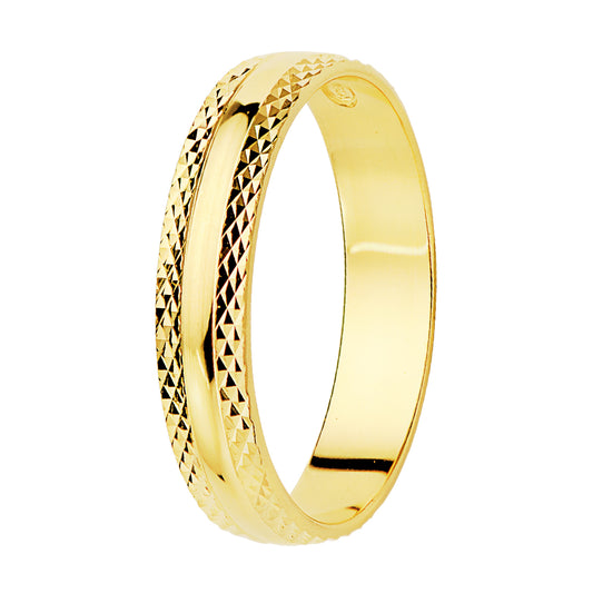 18K ALIANZA ORO AMARILLO BRILLO Y BORDES TALLADOS. ANCHO 4 MM
