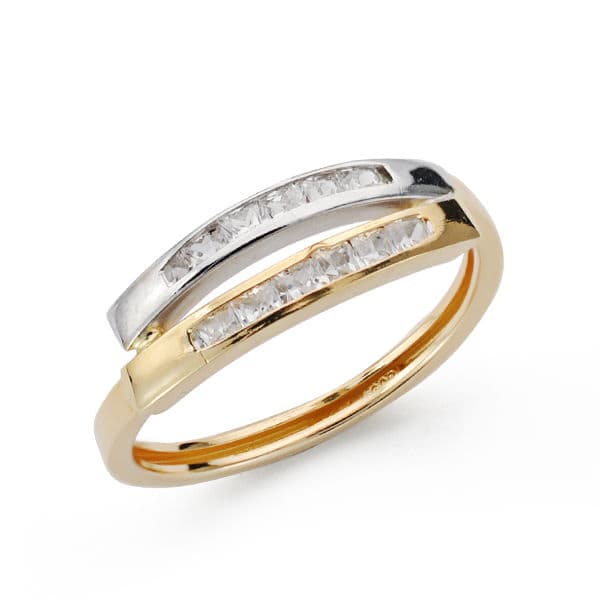 9K SORTIJA ORO BICOLOR BANDAS CON CIRCONITAS EN CARRIL. ANCHO: 5,5 MM