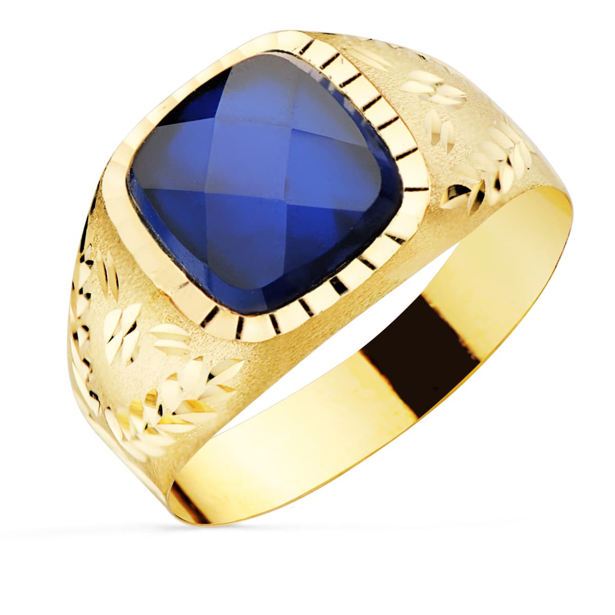 Sello con Piedra Zafiro Spinel 9 x 9 mm Lateral Tallado de oro amarillo 18K