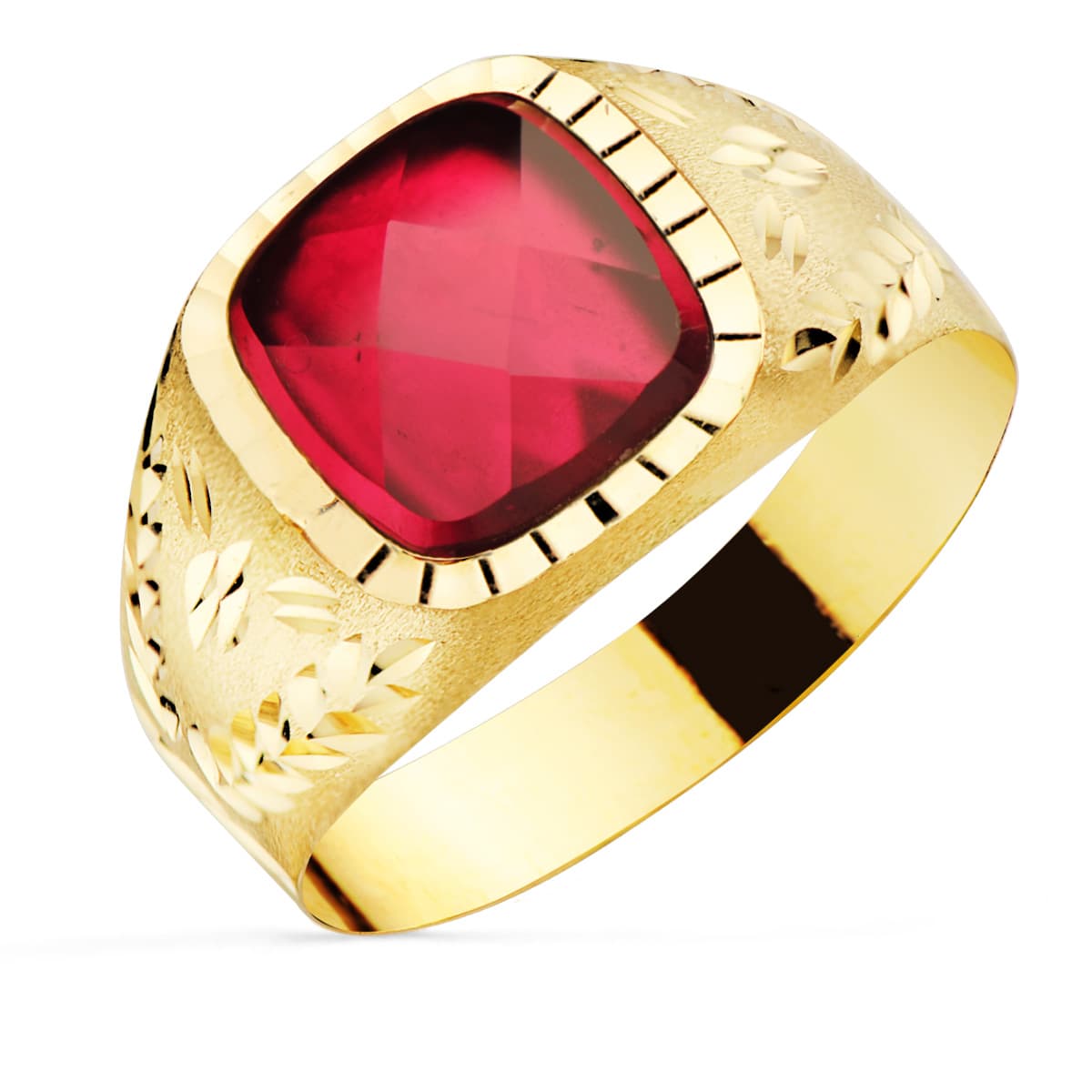 Sello con Piedra Rubí Spinel 9 x 9 mm Lateral Tallado de oro amarillo 9K