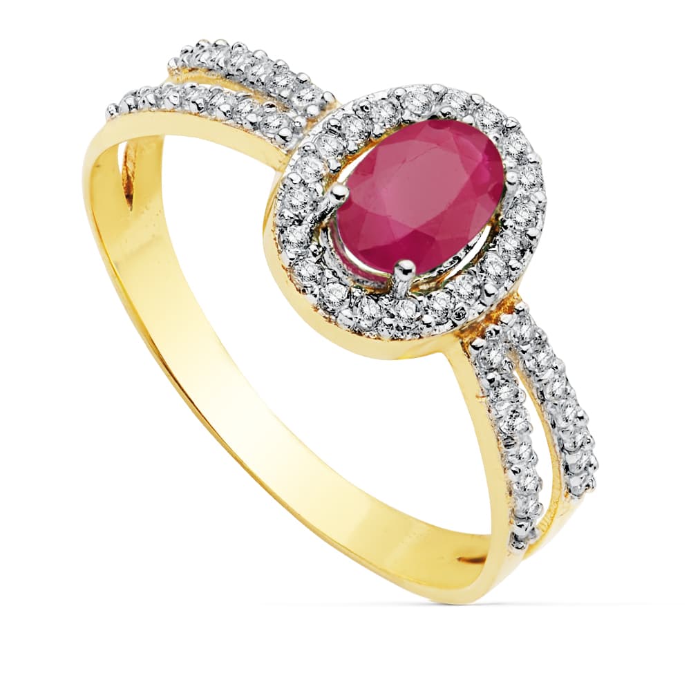 Sortija Bicolor con Circonita y Rubí Oval 6 x 4 mm 18K