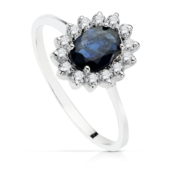 18K SORTIJA ORO BLANCO PIEDRA FINA ZAFIRO 7X5MM CON CIRCONITAS