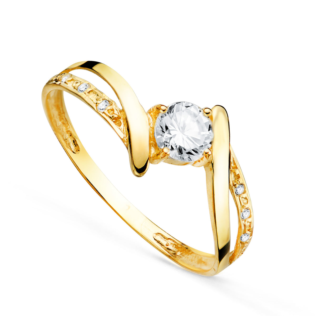 Solitario Cruzado con Circonita de 4 mm Lateral de Circonitas de oro amarillo 18K