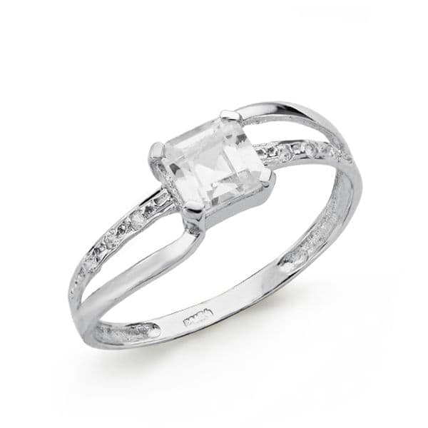 Sortija Solitario Circonita Central Carre 5 x 5 mm. Ancho: 6 mm de oro blanco 9K