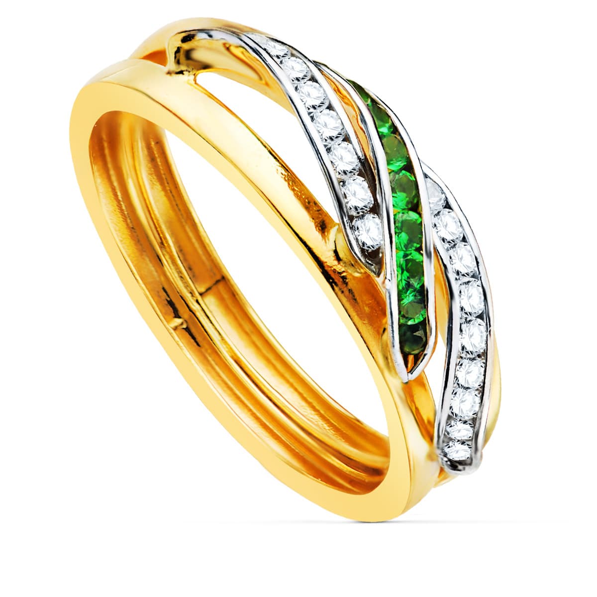 9K SORTIJA ORO BICOLOR BANDAS CON CIRCONITA BLANCAS Y VERDES. ANCHO: 6,5 MM
