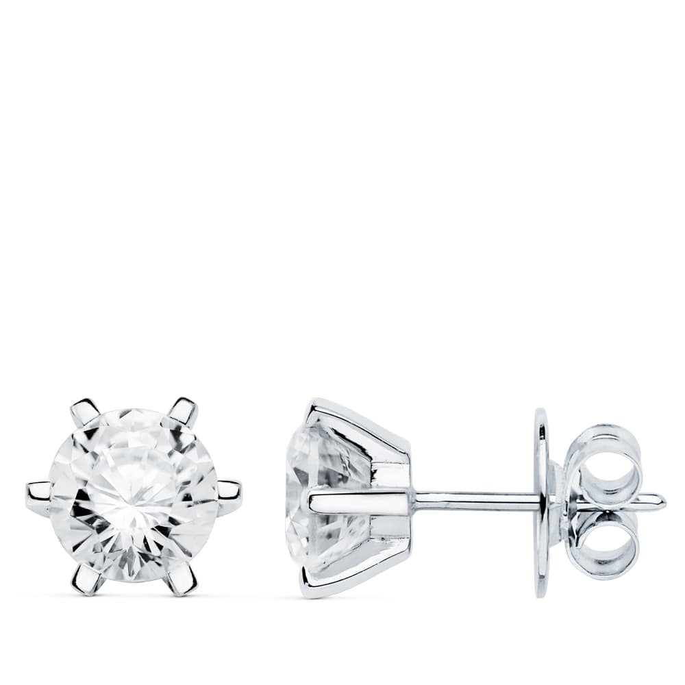 18K PENDIENTES ORO BLANCO 6 GARRAS CIRCONITA 8X8 CIERRE PRESION