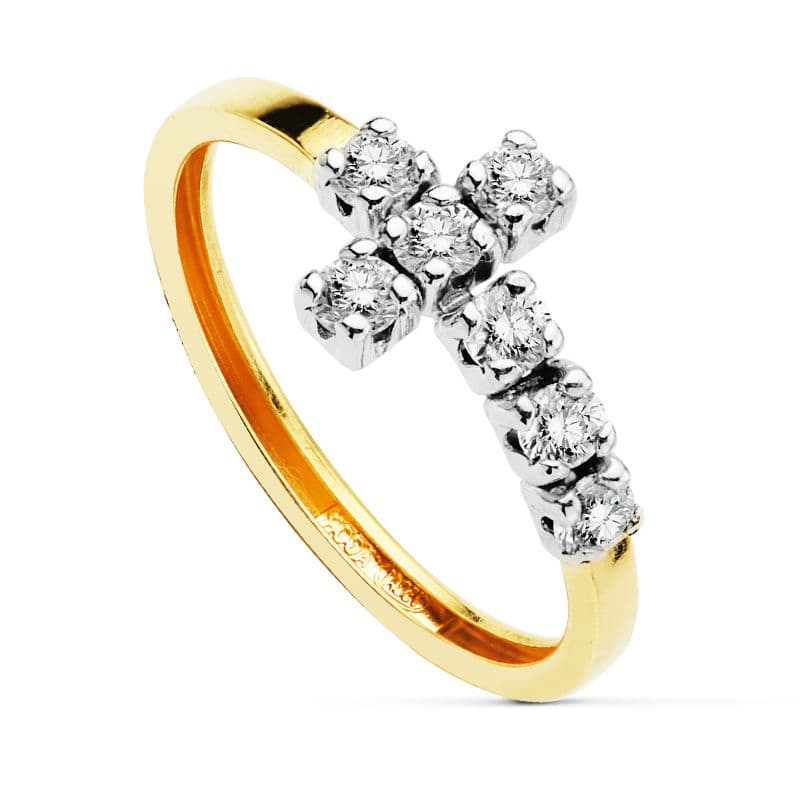 Sortija Oro Bicolor Cruz con 7 Circonitas 18K