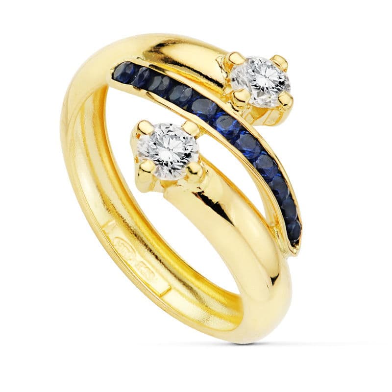 9K SORTIJA ORO AMARILLO BANDAS CON CIRCONITAS AZULES Y BLANCAS. ANCHO: 14 MM
