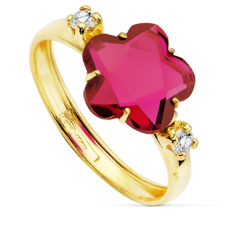 Sortija con Circonita Roja Forma Flor 10 x 10 mm. de oro amarillo 18K