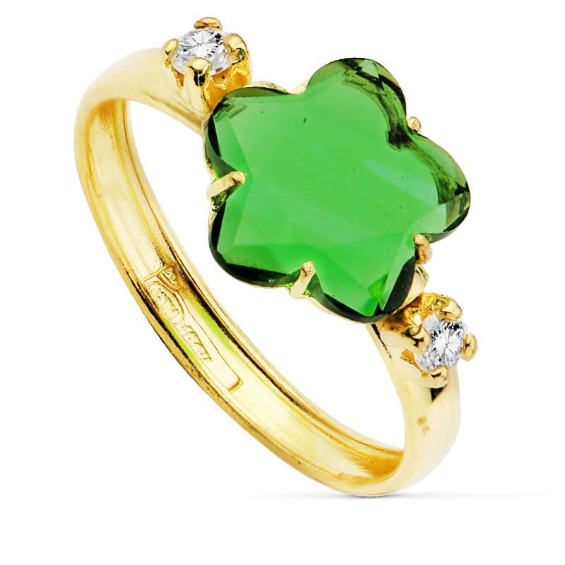 Sortija con Circonita Verde Forma Flor 10 x 10 mm. de oro amarillo 18K