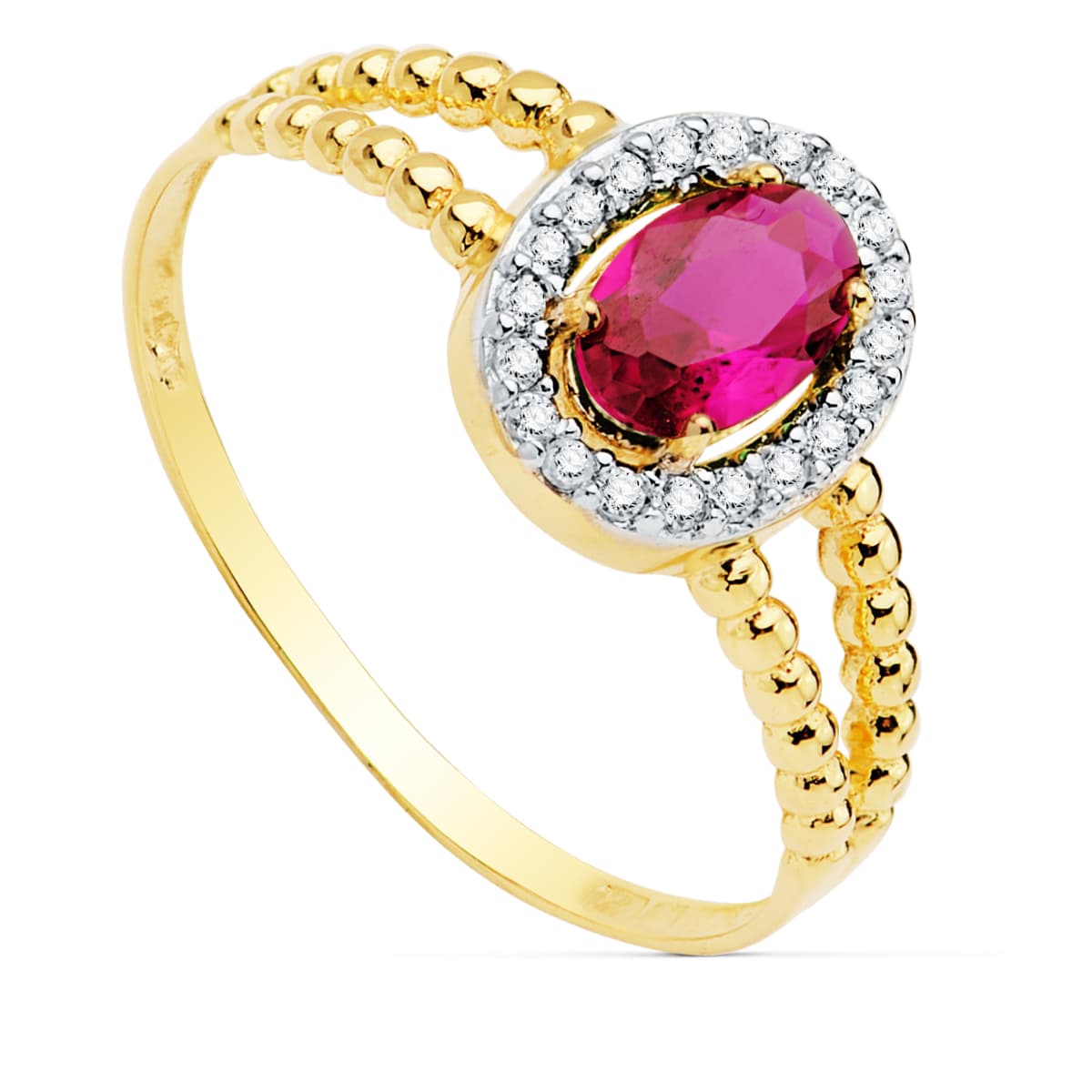 Sortija Bicolor con Piedra Roja 6 x 4 mm y Doble Cuerpo de Bolitas Lisas 18K