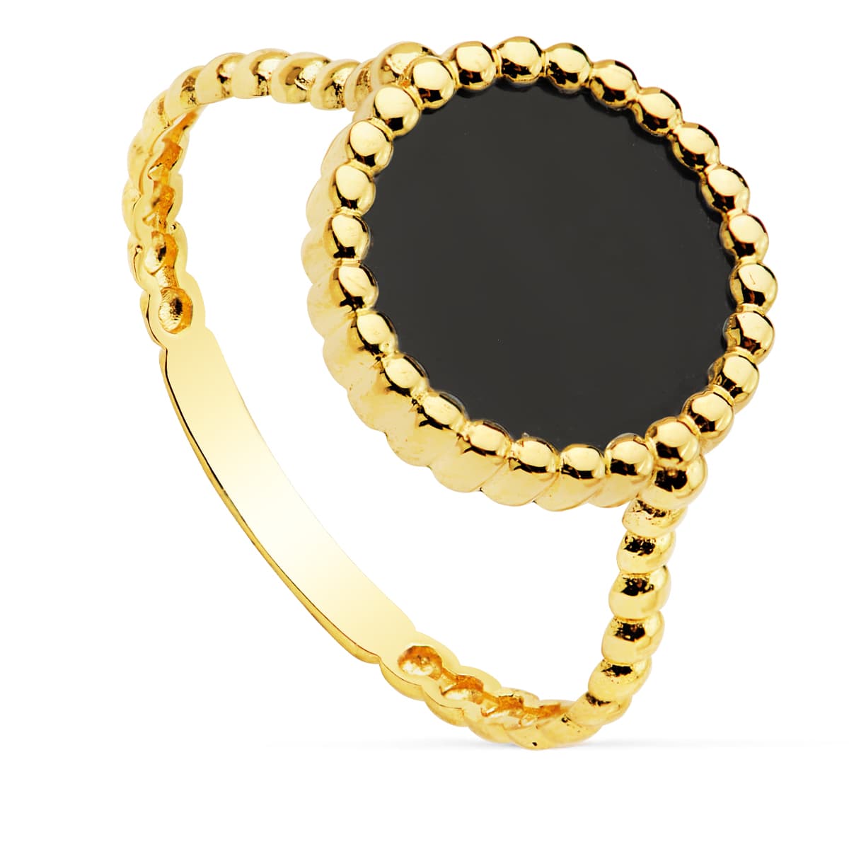 Sortija con Onix 10 mm y Bolitas Lisas de oro amarillo 18K