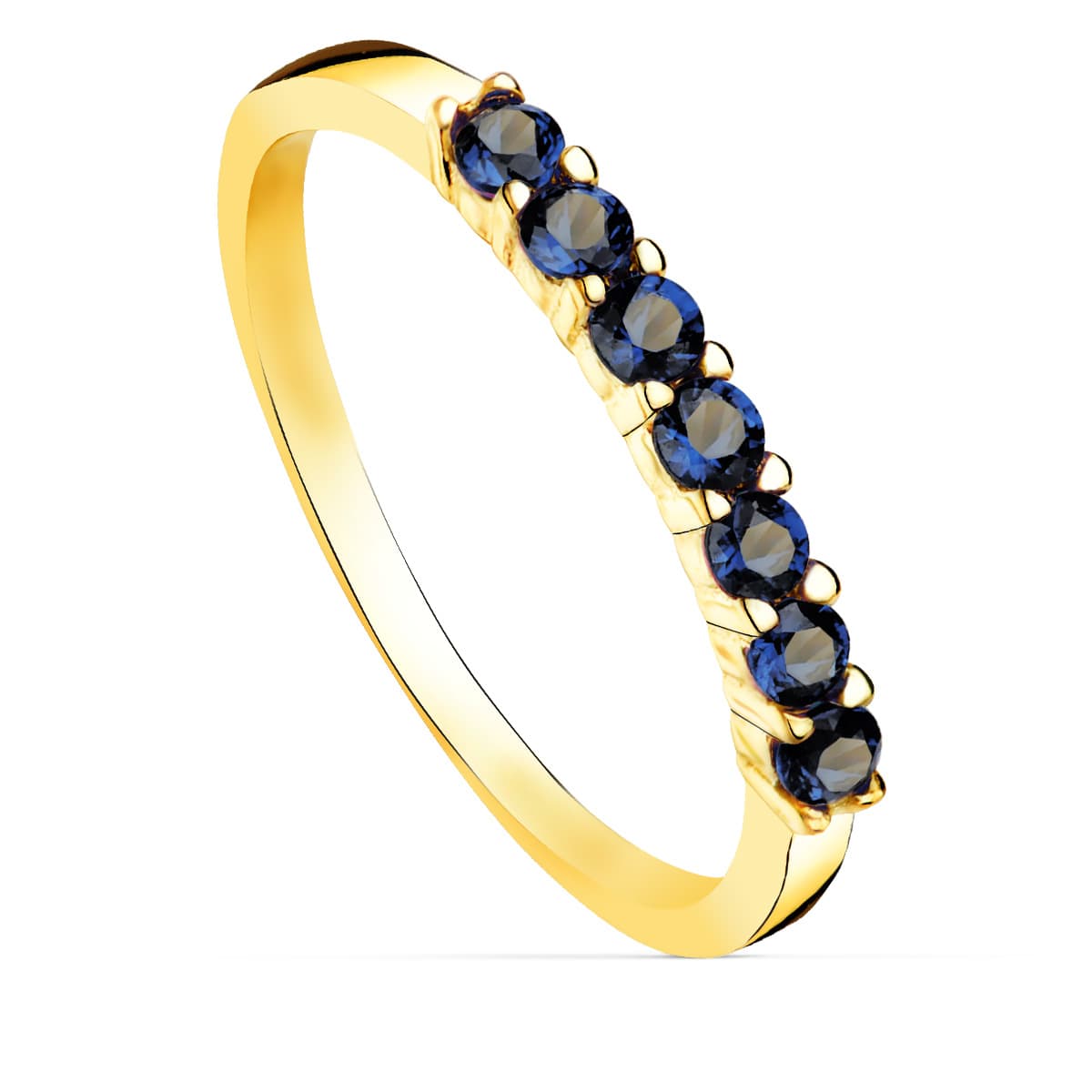 Sortija 7 Circonita Azules Garras Ancho Cuerpo 2 mm de oro amarillo 18K