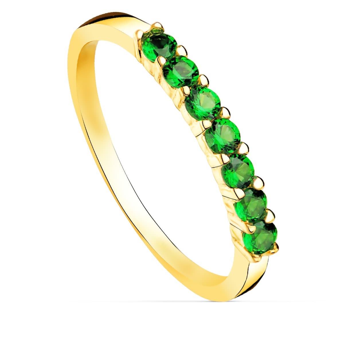 Sortija 7 Circonita Verdes Garras Ancho Cuerpo 2 mm de oro amarillo 18K